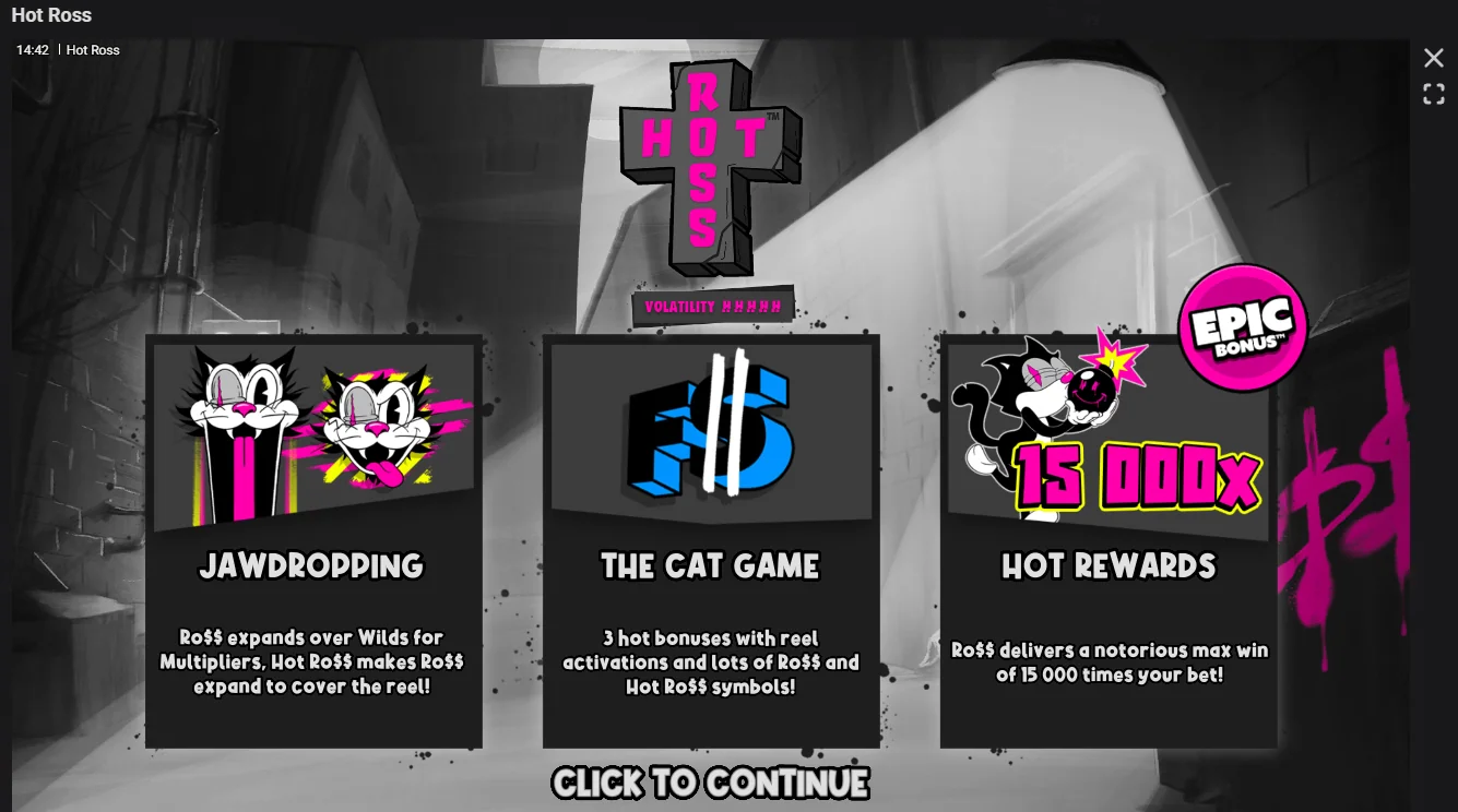 Hot Ross feature overview: Jawdropping expanding wilds, The Cat Game free spins, and Hot Rewards 15,000x max win