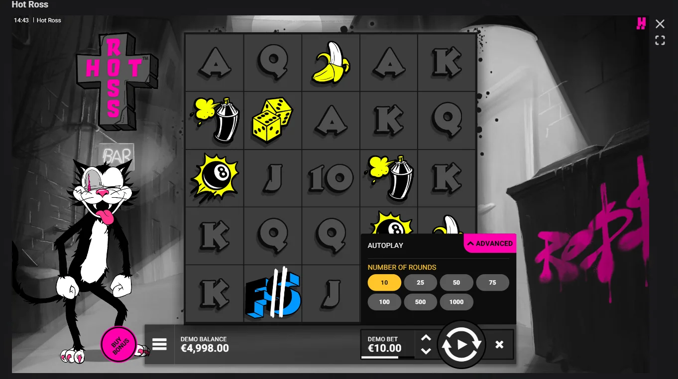 Hot Ross 5x5 grid during a base game spin showing card-rank and thematic symbols