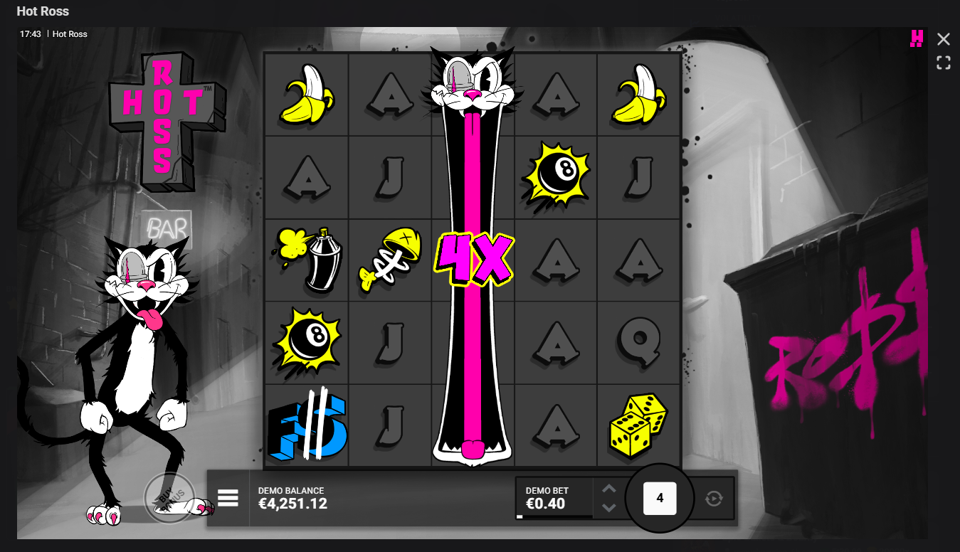 Hot Ross with a 4× multiplier wild column running the full reel height during a base-game spin