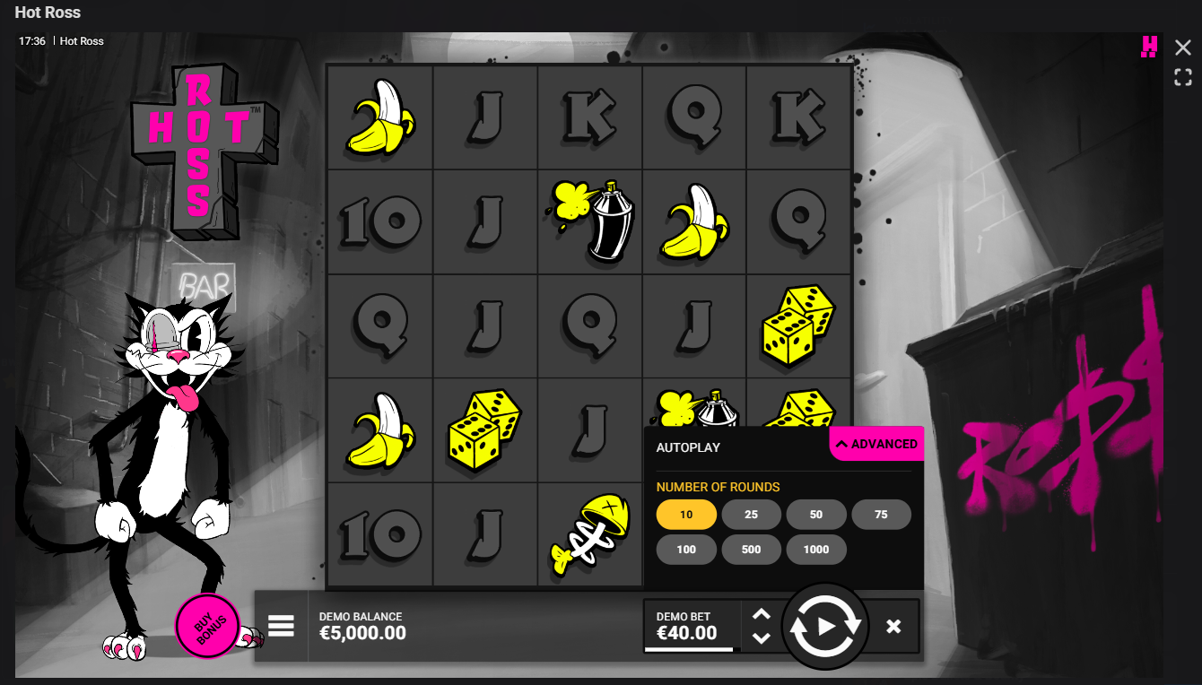 Hot Ross 5×5 grid during a real-money session showing card-rank symbols and the cat character on the left