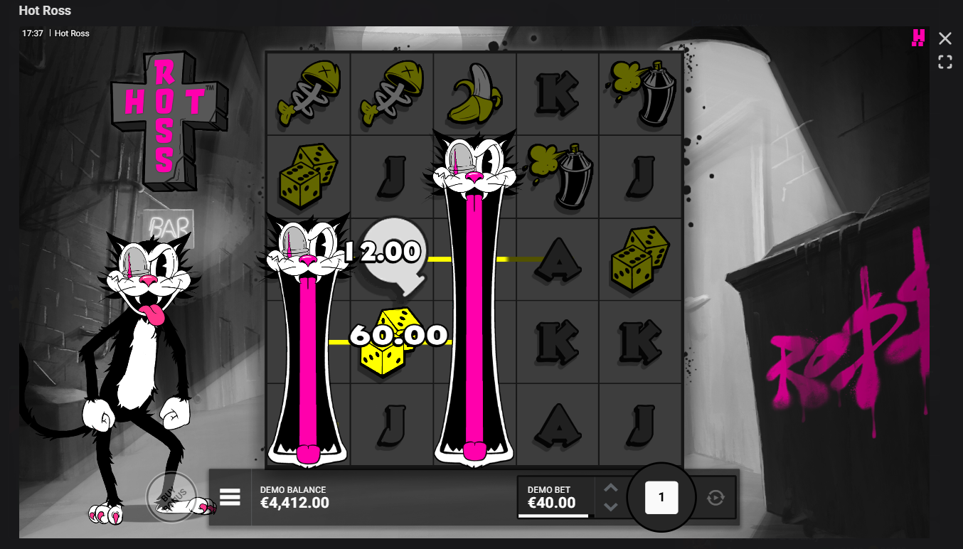 Hot Ross multiplier columns active with a win evaluation in progress during a real-money session